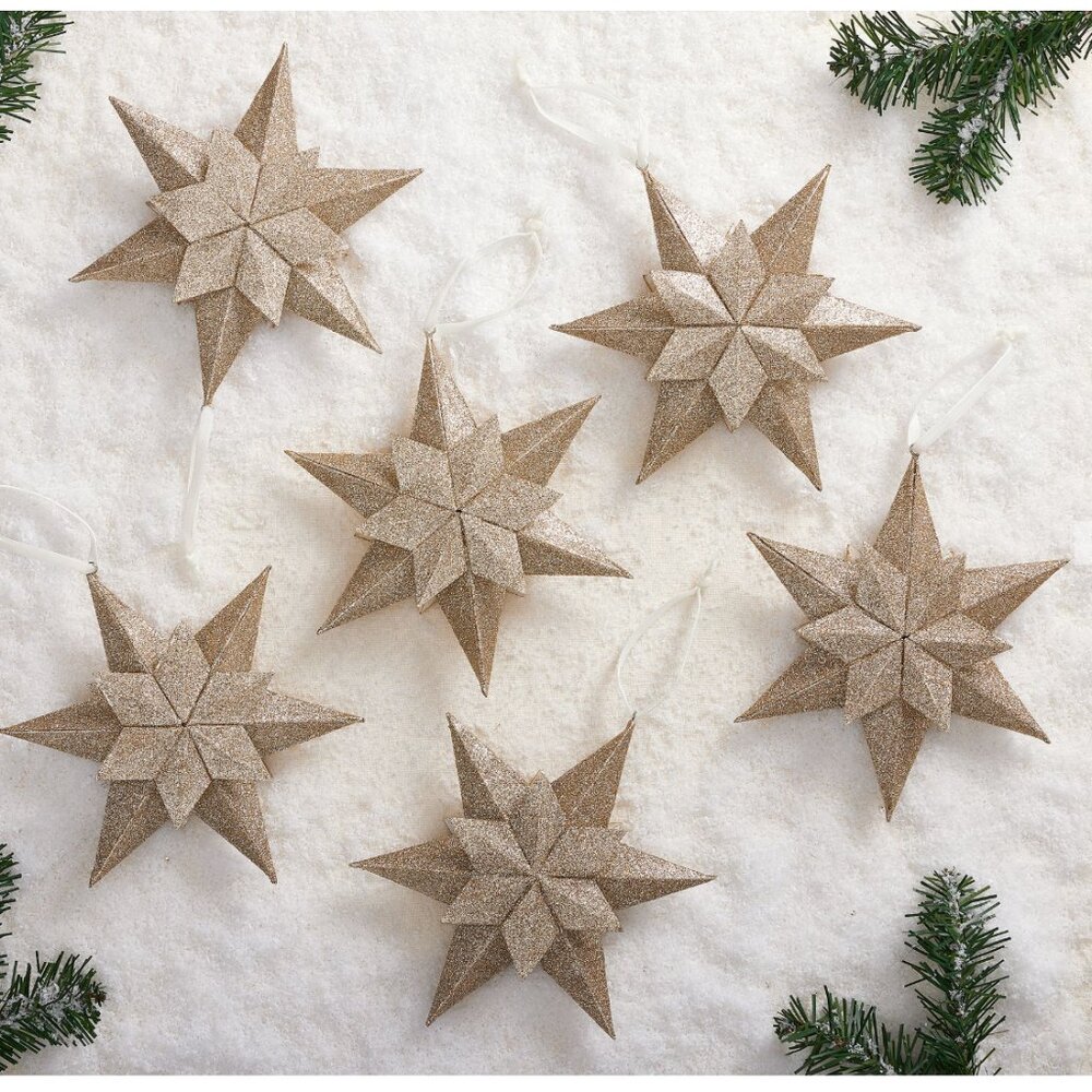 Pottery Barn Large Glitter Paper Stars Ornaments Set of 6